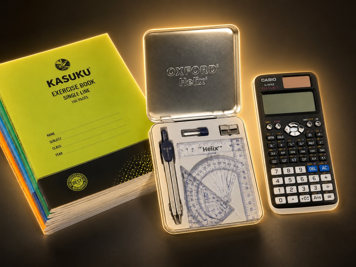 Kasuku exercise books, Oxford Helix set and Casio calculator