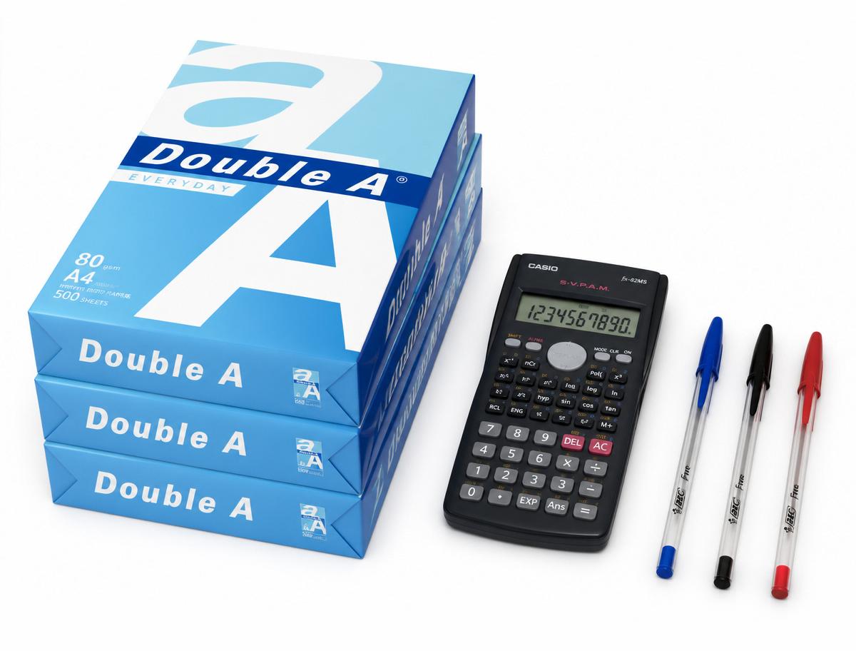 Double A A4 paper, Casio calculator, Bic pens